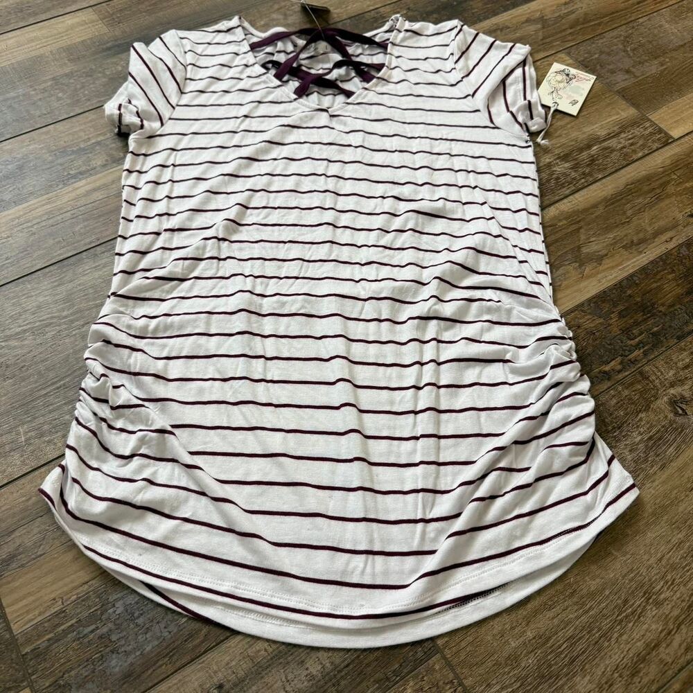 BOUTIQUE White Maroon Women's Cross Neck Striped Soft Large Work Top T Shirt